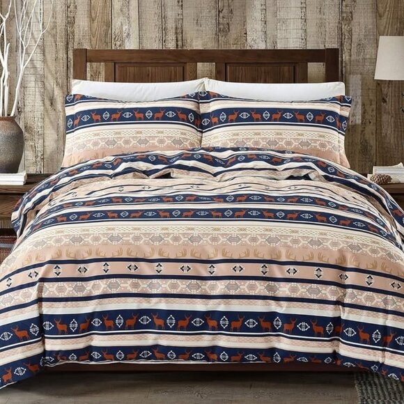 New 3 Piece Brown & Navy Aztec/Deer Pattern Duvet Cover Set • DoubleQueen Size - Picture 2 of 3